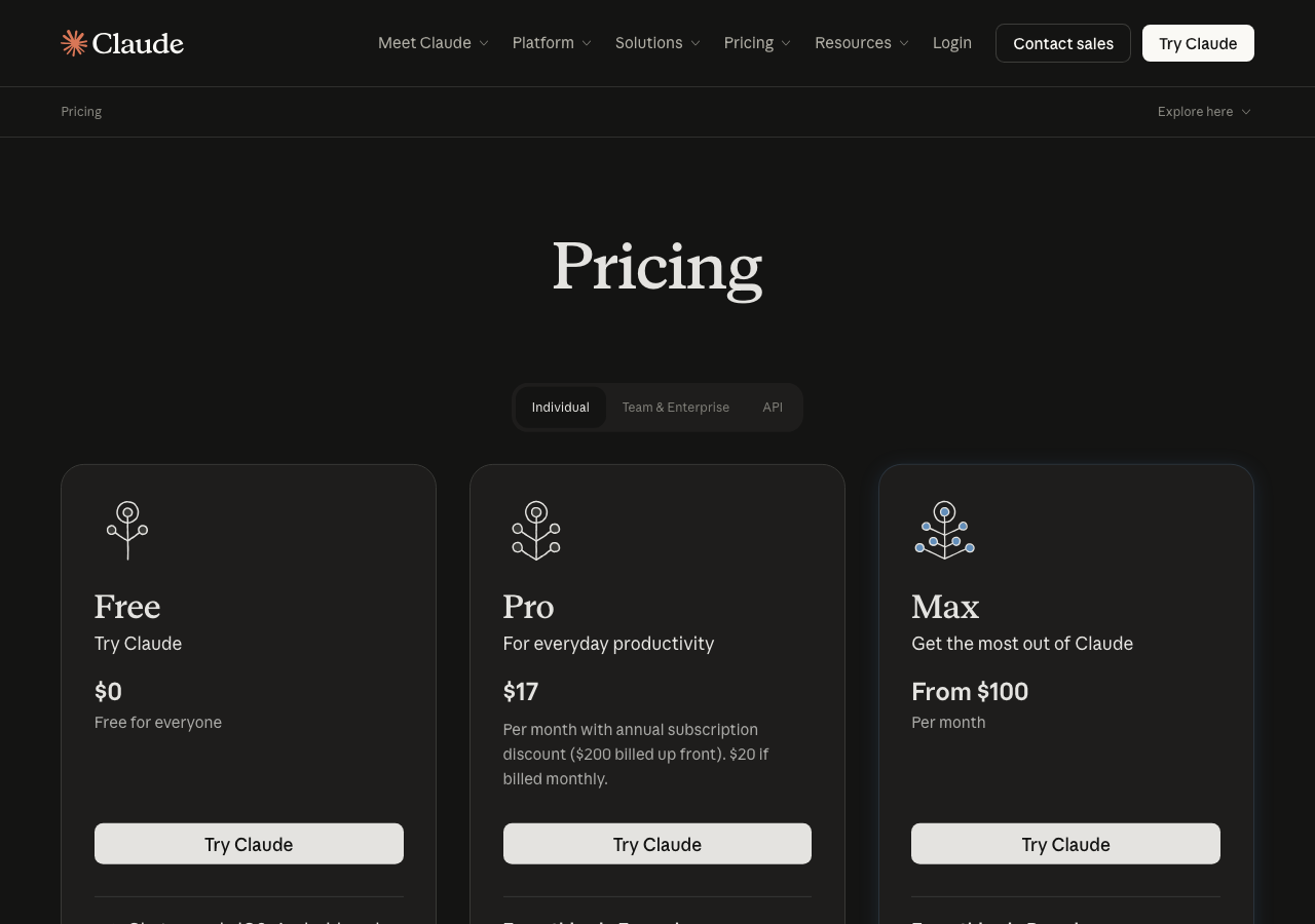 claude.com/pricing の実際の画面です。ひとりで使うなら Pro を選びます